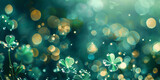 Fototapeta Natura - Abstract teal background with sparkling particles and clover symbolizing luck and magic in a whimsical bokeh effect