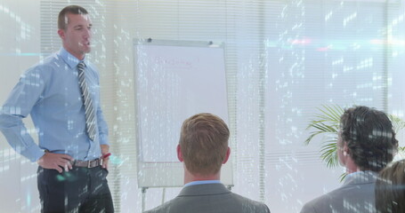 Poster - Image of moving columns over diverse business people at office