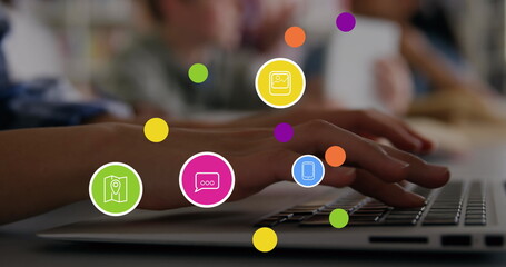 Poster - Image of network with icons and data processing over laptop