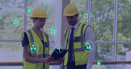 Poster - Image of connections with icons over diverse business people in office