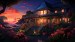 An enchanting portrayal of a family home boasting a charming porch, bathed in the soft glow of twilight and echoing with the laughter of loved ones