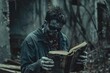 Zombie clutching a book, fingers tracing the words in a futile attempt to reclaim lost knowledge.