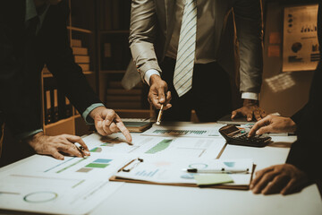 Co working conference, Business team meeting present, investor colleagues discussing new plan financial graph data on office table with laptop and digital tablet, Finance, accounting, investment.