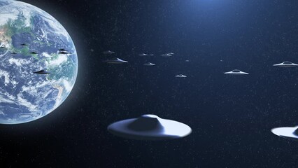 Wall Mural - armada fleet of flying saucer ufo's heading planet earth, outer space view alien invasion sci-fi con