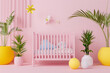 baby bed with flowers and botanical elements, 3d rendering illustration on the light pink background