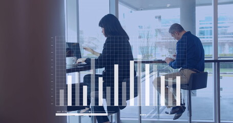 Poster - Image of statistics and data processing, diverse business people with computers