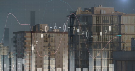 Poster - Digital image of different graphs moving in the screen with buildings in the background 4k