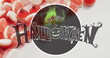 Happy halloween text banner against close up of candy corns on white surface