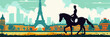 flat illustration, the Summer Olympic Games in Paris, equestrian sports, a man in a hat riding a horse on the background of the Eiffel Tower and a panorama of the sights of Paris