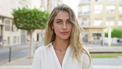 Canvas Print - Blonde young woman standing on city street, looking cool yet serious, saying no with conviction against an urban outdoor background