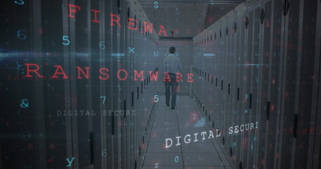 Poster - Image of cyber attack warning over caucasian man in server room
