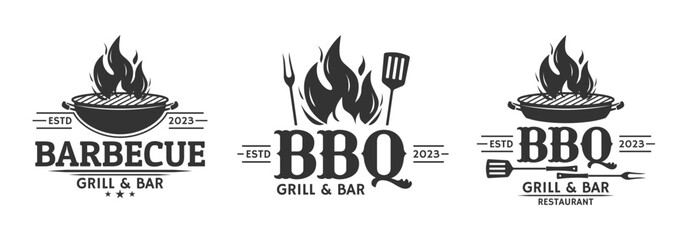 BBQ logo set. Barbecue, grill icon with fire flame. Meat restaurant label. Vector illustration.