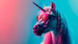 an unicorn wearing sunglasses in front of a colorful background