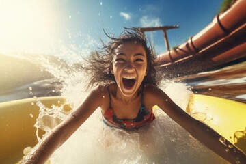 Laughing happy girl in a water park sliding down the toboggan, splashes and foam, joy from active recreation in summer bright sun