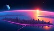 © sanart design - futuristic city skyline with neon lights and a large sun rising or setting on the horizon, reflecting on a body of water, under a twilight sky with stars