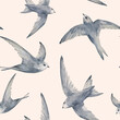Swifts birds watercolor seamless pattern. Hand drawn. For the design of wrapping paper, fabrics, wallpaper.