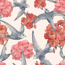 Swifts Birds And Red Geranium Flowers Watercolor Seamless Pattern. Hand Drawn. For The Design Of Wrapping Paper, Fabrics, Wallpaper