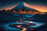 Fototapeta Fototapeta z niebem - Błękitna i złota godzina nad górą Fuji w Japonii