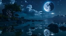 View Of The River And Rocks With The Blue Moon In The Night Sky