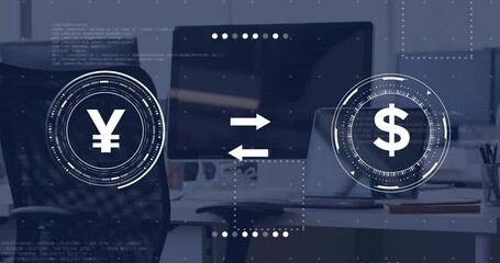 Poster - Animation of currency symbols with data processing over desk with computer in office
