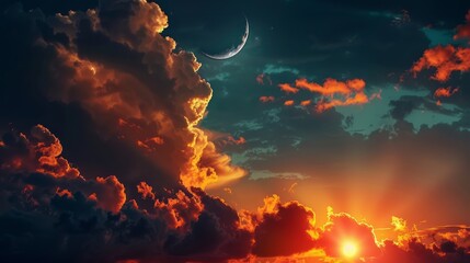 Wall Mural - enchanting crescent moon and sun rays in majestic sunset sky - ramadan serenity, new moon, prayer ti