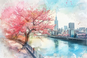 Canvas Print - Hand-drawn pastel digital watercolour paint sketch Blossoming cherry tree in full bloom against a vibrant Tokyo cityscape signifies the charm of springs transformation 