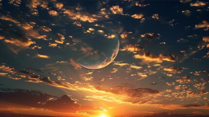 Wall Mural - enchanting crescent moon and sun rays in majestic sunset sky - ramadan serenity, new moon, prayer ti