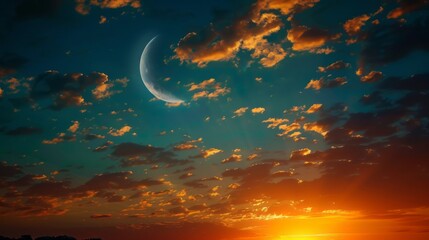 Wall Mural - enchanting crescent moon and sun rays in majestic sunset sky - ramadan serenity, new moon, prayer ti