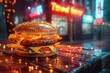 In the glow of a 3D neon skyline fast food icons shimmer