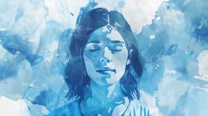 Canvas Print - Hand-drawn pastel digital watercolour paint sketch A serene watercolor illustration of a woman meditating amidst calming blue tones signifying mental health awareness 