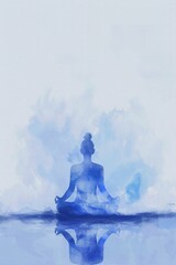 Wall Mural - Hand-drawn pastel digital watercolour paint sketch A calm figure meditates isolated on a gradient background of calming blues representing emotional tranquility during Mental Health Awareness Month