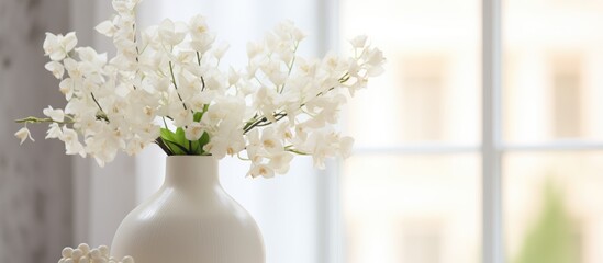 Wall Mural - Modern interior design with white flowers in a vase on a light background at home.