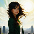 © nurjan100 - Portrait of a girl with green eyes and black hair fluttering in the wind.. Young woman in a city.