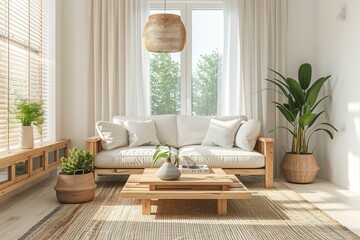 Wall Mural - Minimalist White and Beige Living Room with Natural Wood Furniture and Plants