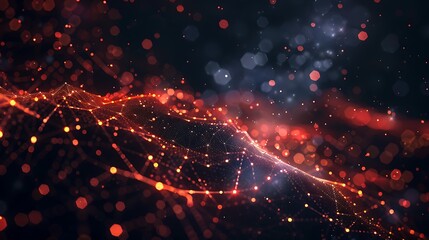Wall Mural - abstract glowing red and orange neural network on a dark blue background.