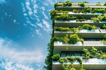 Eco-friendly green building with lush plant-covered balconies