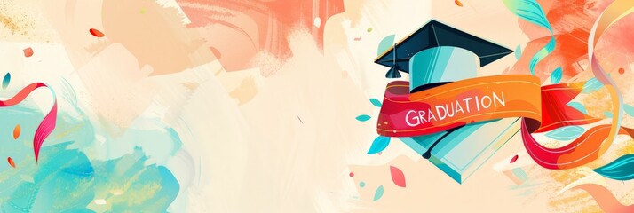 Wall Mural - Abstract graduation cap with vibrant ribbons on a watercolor-inspired background