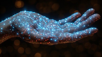 Aufkleber - An abstract hand holding a digital programming code symbol on a dark technology background. Java script and software development concept.