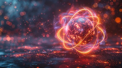 Poster - Science concept of nuclear energy. Abstract low poly atom circle model with vivid glowing yellow-red-pink light color in the center. Atom icon as energy orbit. Molecule symbol on dark background.