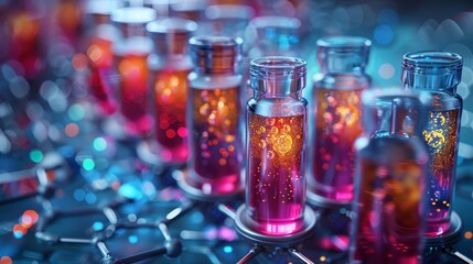 Aufkleber - Intuitive abstract polygonal test tube rack set against blue background. Icon of a chemistry laboratory. Concept of science and chemistry. 3D modern illustration of a glass flask for medicine.