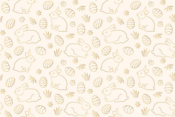 Wall Mural - golden seamless Easter pattern with bunnies, flowers and eggs- vector illustration