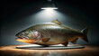 Rainbow Trout on Neutral Background. 3d fish - salmon on gray background. Spotlight on Rainbow Trout: Dramatic Fish Presentation
