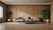  Interior background of room with wooden paneling and beige stucco wall with copy space, pot with grass 3d rendering