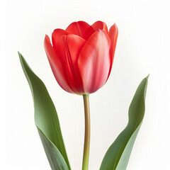 Canvas Print - Single vibrant red tulip with green leaves isolated on a white background, ideal for spring themes or floral designs with space for text