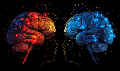 Poster - Digital illustration of two human brains in contrasting red and blue hues with network connections, representing the concept of artificial intelligence and cognitive science