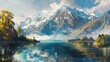 Tranquil new zealand landscape: serene mountain and lake scene with a lone fisherman enjoying nature's bounty