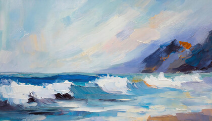 an abstract blue seascape painting in an acrylic and oil style