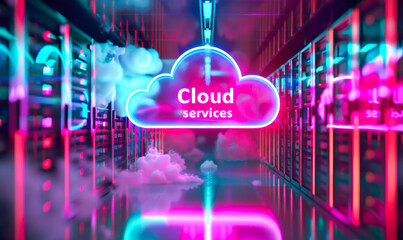 Poster - neon cloud services sign floating over a server room filled with data racks, symbolizing modern clou
