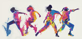 Horizontal grunge style poster, banner design with a group of hiphop dancers. Silhouettes of girls, young women dancing hiphop on white background with color splashes, modern banner design