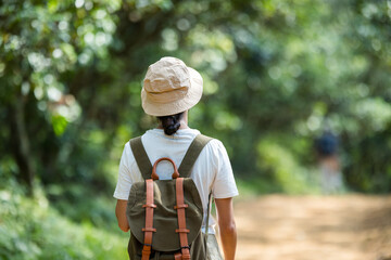 Poster - Hiker woman walk in autumn fall nature forest